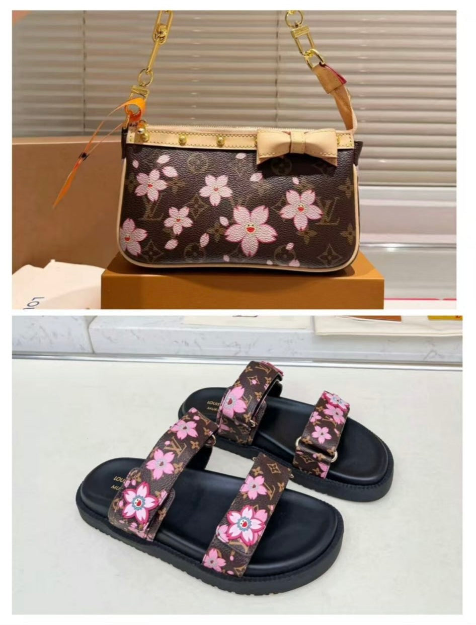 pink flower lv shoe set